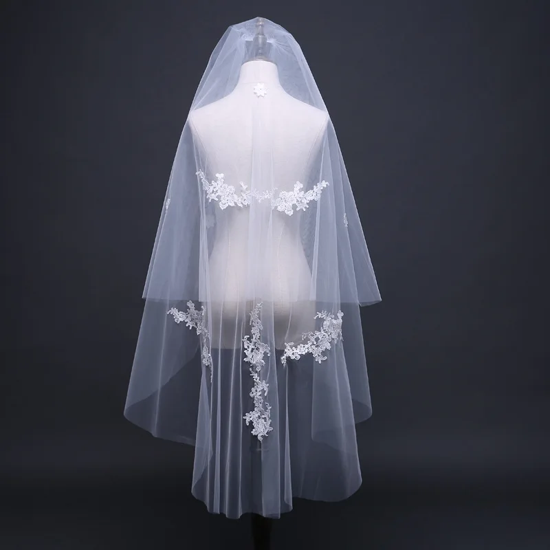 

Veu de Noiva White Ivory Appliques Lace Edge Short Wedding Veil With Comb Cheap One Layer Bridal Veil Voile Mariage Cut Edge