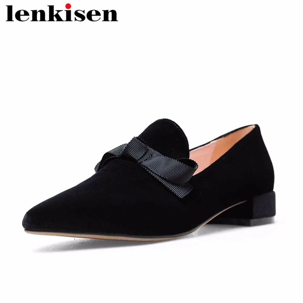 

Lenkisen 2018 korean girls pointed toe natural leather low heels slip on plus size beauty butterfly-knot women luxury pumps L2f3