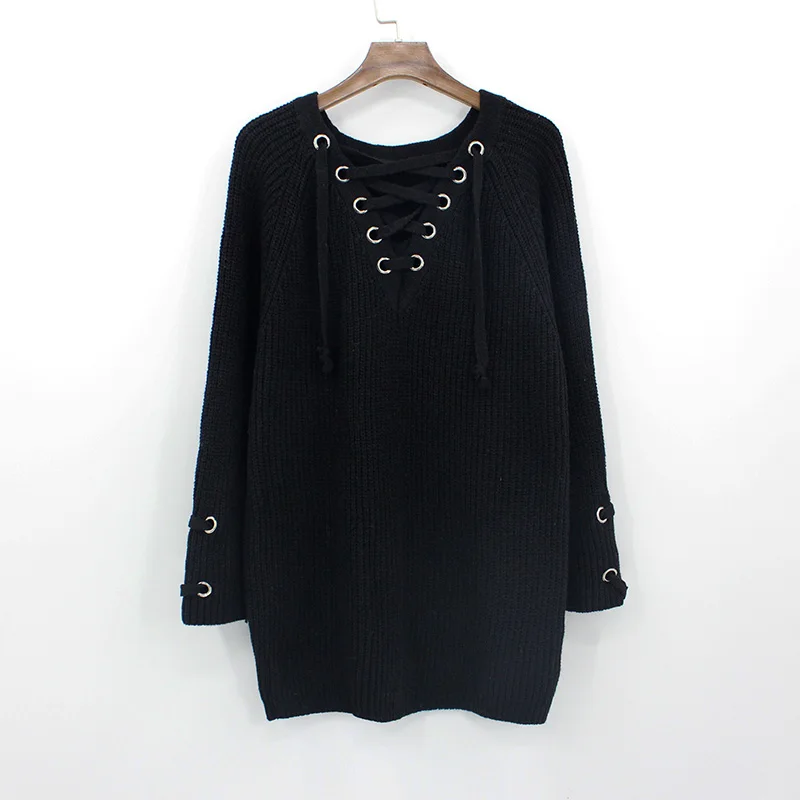 

2018 V Neck Knitted Lace-up Pullover Feminino Casual Black Lantern Sleeve Long Knitwear Sweater Women Winter Mujer