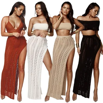 

2019 Women's Knit Beach Skirt Sexy Cutout Knee Half-length Skirt Fashion Openwork Joker Skirt Sexy Vacation Skirt Irregular