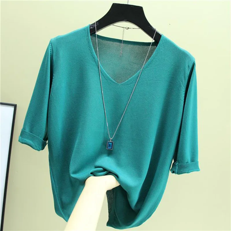 

Knitted Pullover Women Short Sleeve Casual Loose Tshirt 2019 Summer Female Tops Solid V-neck Shirt Korean Camisa Malha Mulheres