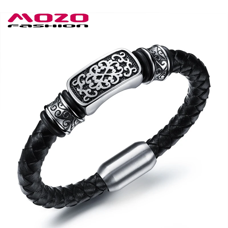 

MOZO FASHION Men Punk Jewelry Vintage Pattern Braided Leather Rope Chain Bracelet Stainless Steel Magnetic Clasp Bangles MPH1001