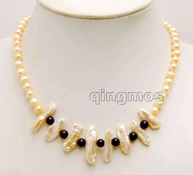 

6-7mm Pink round Natural pearl and 15-25mm Biwa Pearl & 6mm Black beads 17'' Necklace-nec6169