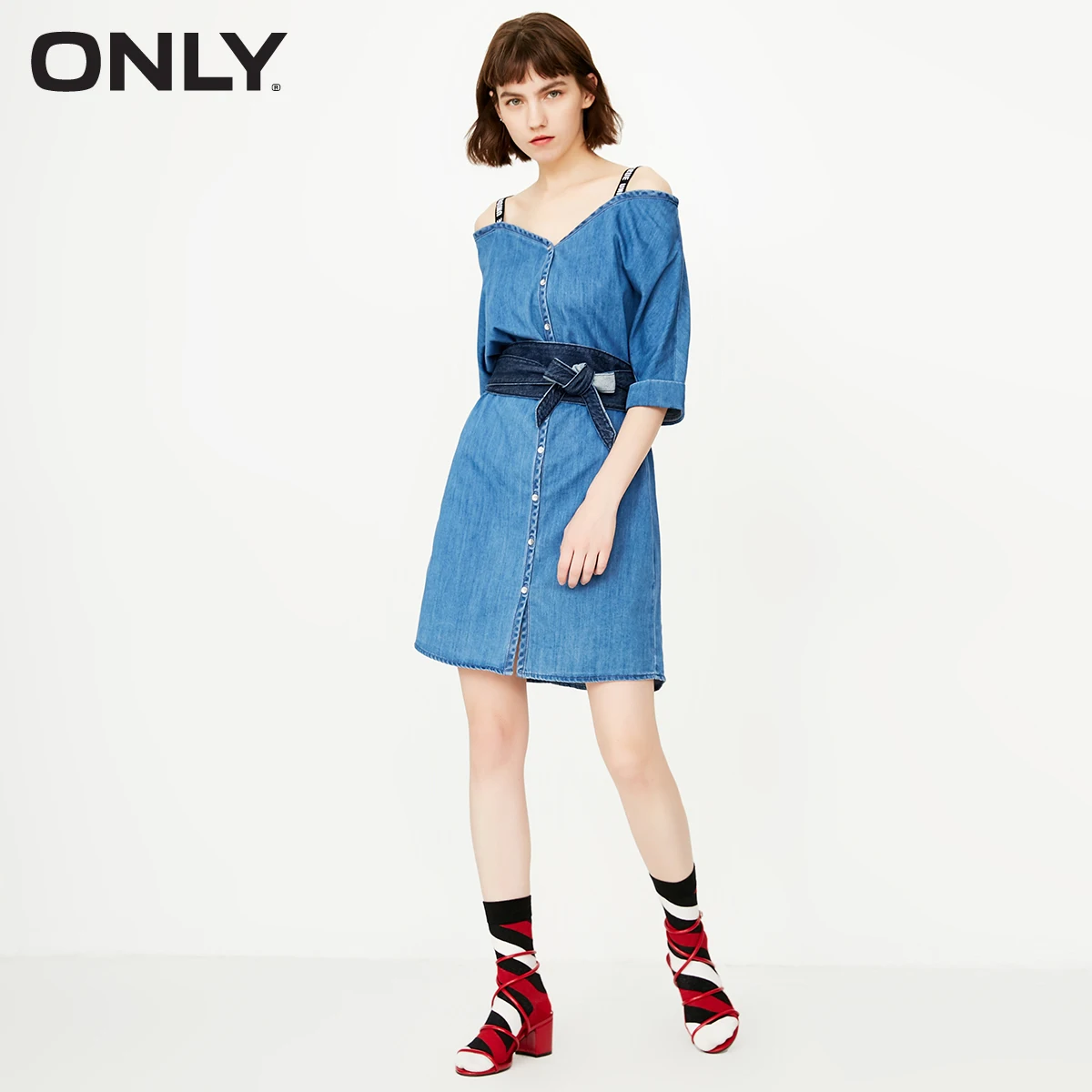 

ONLY Off-the-shoulder Elasticized Waist A-lined Denim Dress | 118342508