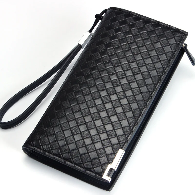  Fashion Solid Knitting pattern Leather Men's wallet long purse with zipper Male clutch bag 