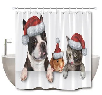 

LB 3d a Cute Dog Hamster And a Cat with a Santa Hat White Shower Curtain with Mat Waterproof Bathroom Fabric For Bathtub Decor