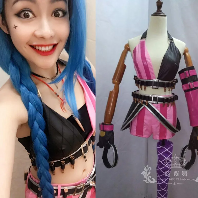 

Jinx Cosplay LOL Game Pink PU Full Set Costume With Necklace And Bullets Halloween Party Crit Loli Uniforms