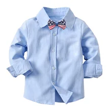 Рубашка с воротником для маленьких мальчиков, однотонные хлопковые синие рубашки для мальчиков, официальная школьная форма с длинными рукавами, блузка, топы, галстук-бабочка, детская одежда