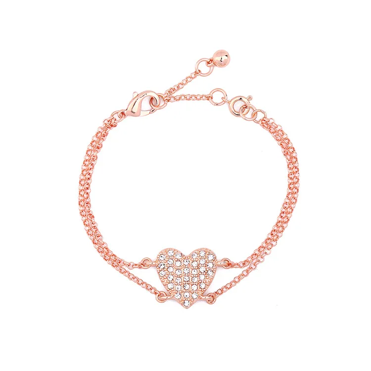 

Women's Fashion Bracelet Jewelry Bijoux Delicate Rose Gold Color Double Chain Crystal Heart Charm Bangle For Women Female B0655