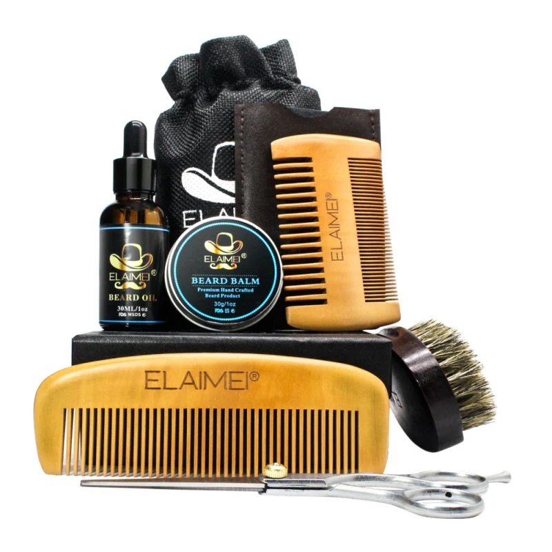 Acheter 2019 hommes Kits de soins de la barbe barbe cire huile peigne brosse ciseaux barbe outils de style 6 pièces ensemble