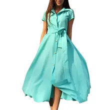 Summer Cosy Women Dresses Silm Solid Color Short Sleeve Dress With The Belt Shirt Dress Women Long Dress Plus Size Vestidos