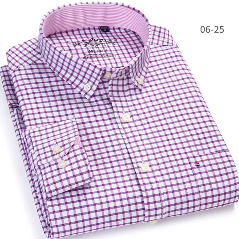 Mwxsd high quality Casual Mens Oxford Cotton Shirt Men Striped plaid wedding part Shirts male slim fit non iron Easy care shirt - Цвет: 13