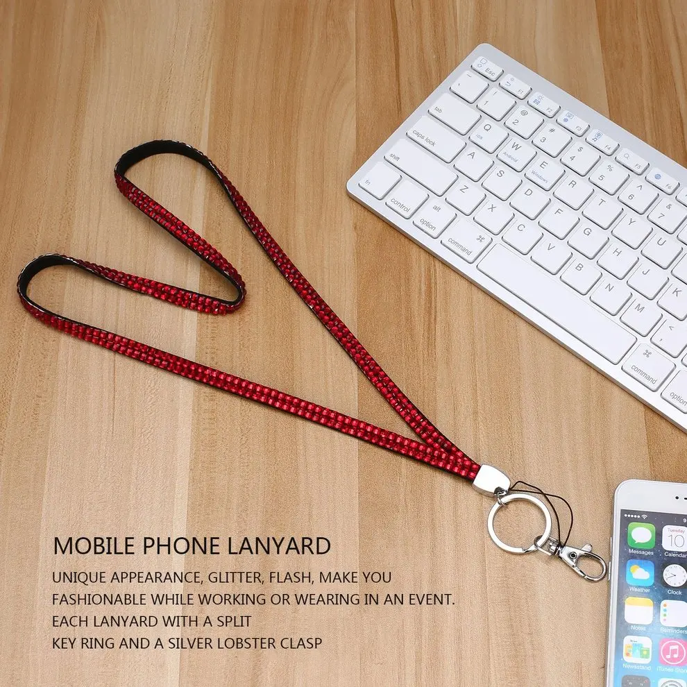 

10 Pcs Crystal Bling Custom Lanyard & ID Badge Cell Phone Key Holder Ring Red Rhinestone Mobile Phone Straps Phone Accessories