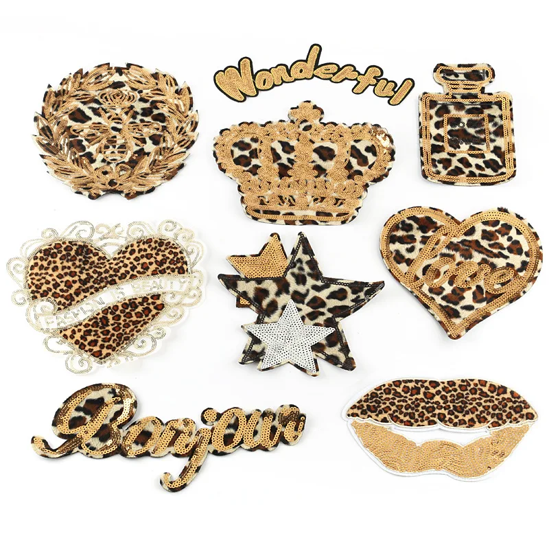 

10pcs/lot New Large Embroidery Patches Bead Sequins Diy Cute Leopard Love Crown Letters Applique Garment Accessories