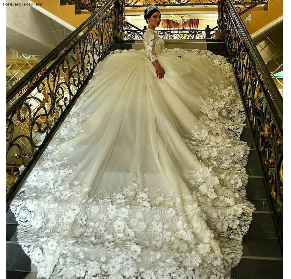 New Arabic Dubai Ball Gown Wedding Dresses Luxury Lace Applique Handmade 3D floral Long Sleeve cathedral Wedding Gowns  250 (9)
