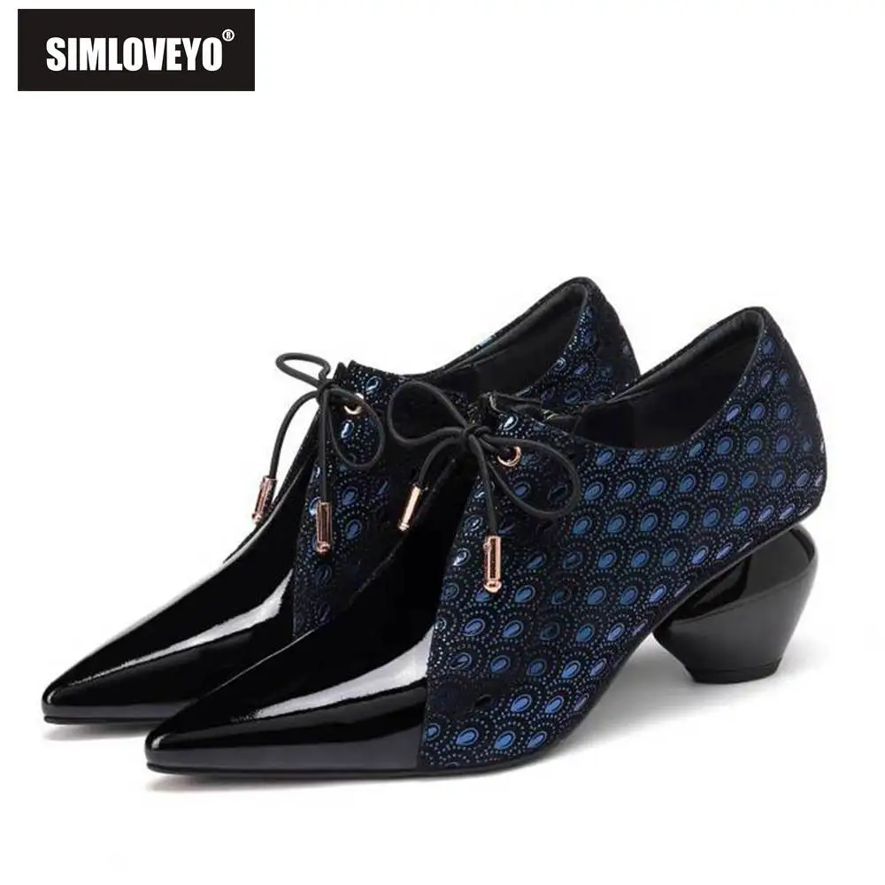 

SIMLOVEYO Women Pumps Cow Patent leather Sheep Strange ball heel Pointed Strap up Big size 42 Party Office Autumn Grey B1413