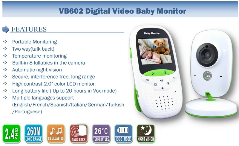 Беспроводной VB602 lcd Аудио Радио детский спальный монитор 8 Колыбельная домофон камера ночного видения Портативный электронный няня