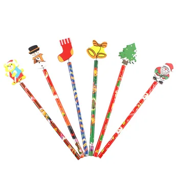 

6Pcs New Christmas Colorful Wood Pencils With Rubber Christmas Tree Santa Students Study Stationery Office Supplies For School