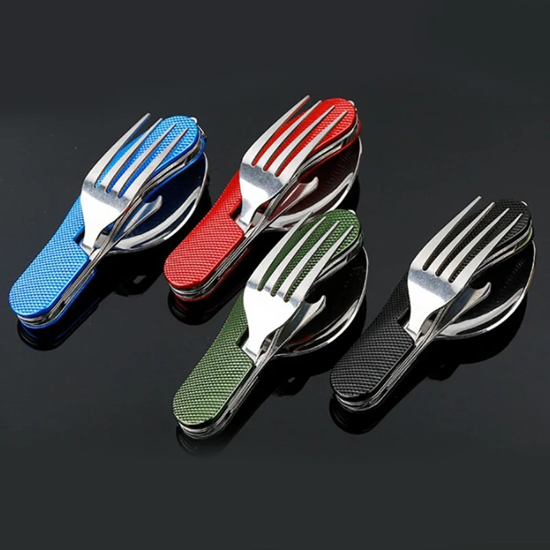 

Multifunction Picnic Tableware Stainless Steel Portable Outdoor Camping 4 in 1 Folding Spoon Fork Knife&Bottle Opener Diner Set