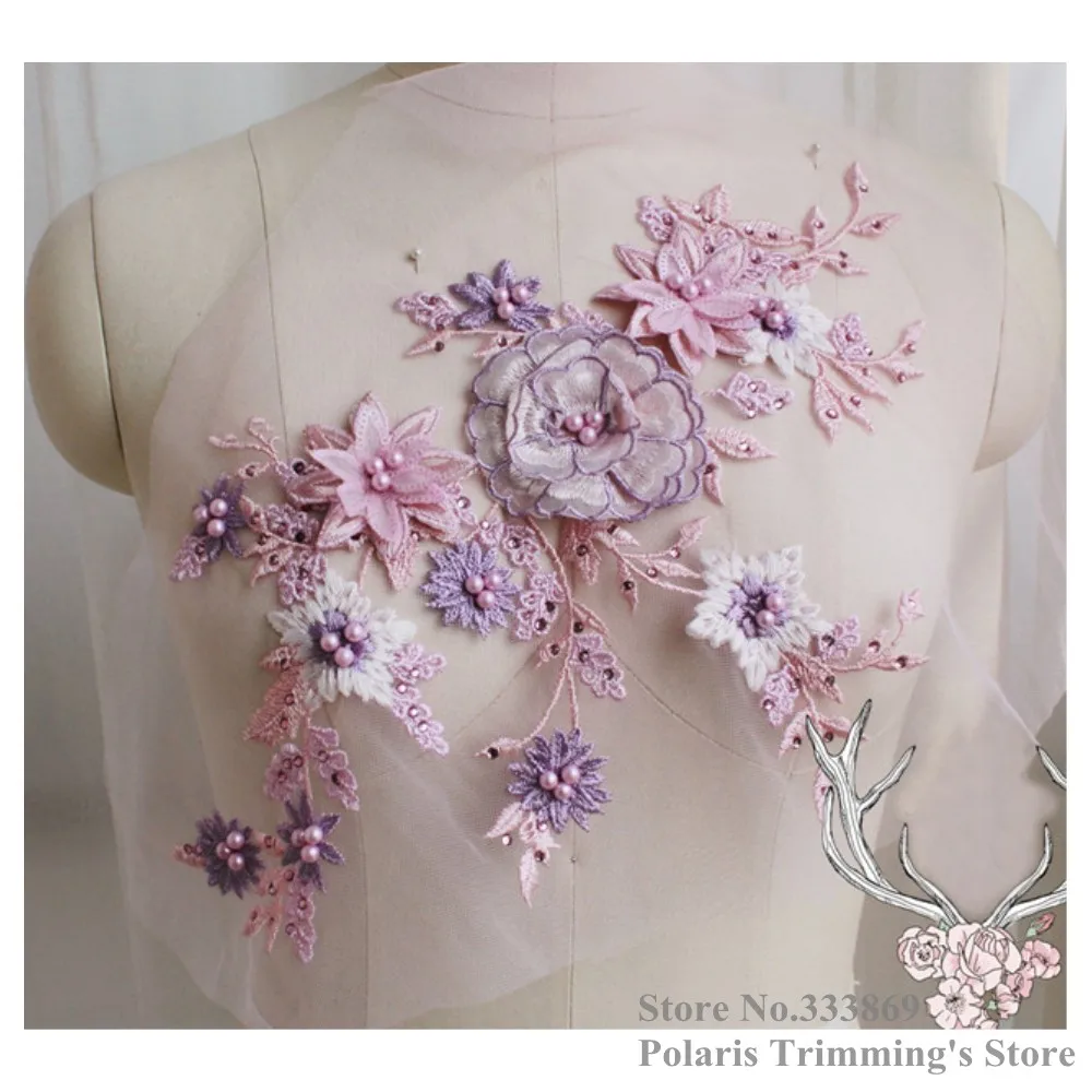 Handmade Pink Purple Beaded Pearled Rhinestoned 3D Flower Embroidery Organza Lace Applique Collar Patches Neckline 3pcs/lot M25C | Дом и сад