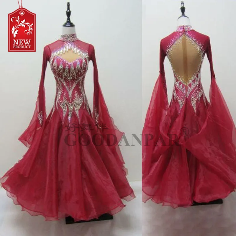 

GOODANPAR Women New Red Lace Lycra Ballroom Dance Standard Dress Rhinestone Modern Waltz Competition Costume With Bra Leotard