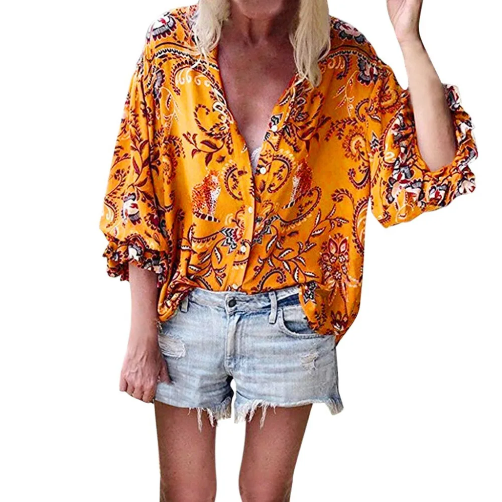 2019 Women's casual printed button lotus leaf sleeve shirt top and blouses summer sexy blouses women beach pretty blouses 40J12 (3)