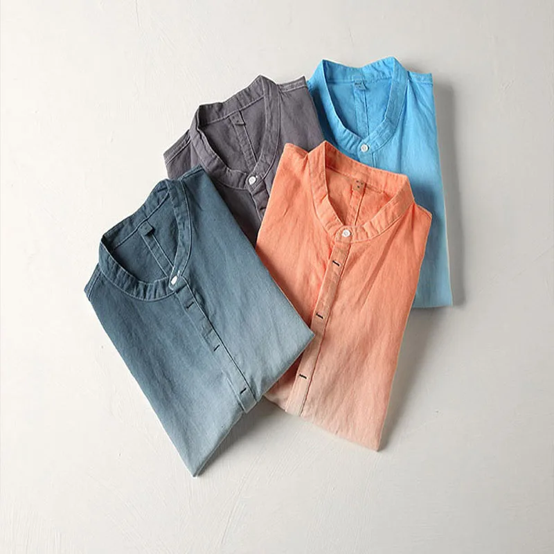 Fashion 2018 Summer New linen Men's short sleeve Gradient henry-collar t-shirts casual cotton mens tees slim mens clothing tops