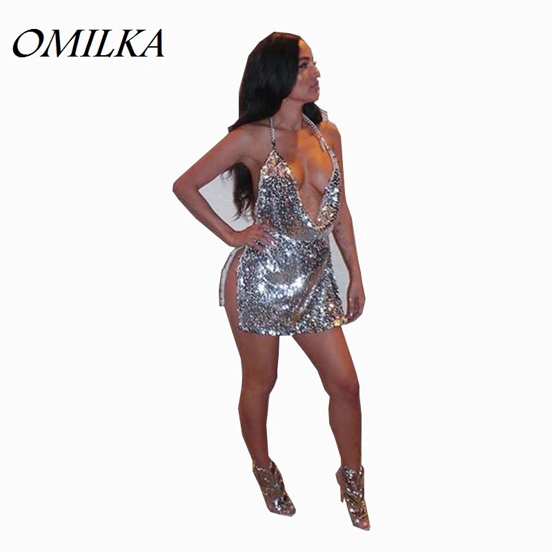 Buy Cheap OMILKA Sexy Club Dress 2017 Women Sequin Sleeveless Strap Backless Split Dress Silver Glitter Bling Party Mini Sequined Dress