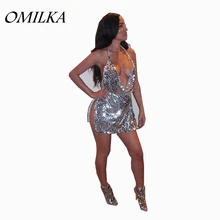 OMILKA Sexy Club Dress 2017 Women Sequin Sleeveless Strap Backless Split Dress Silver Glitter Bling Party Mini Sequined Dress