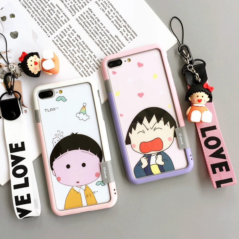 

For iphone 8 8plus Cute Chi-bi Maruko Tempered Glass flim + soft bumper for iPhone 7 7plus 6 6S 6sPlus Cover +holder +straps