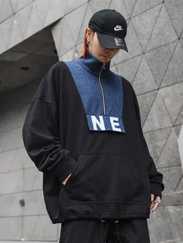

Men High Street Hip Hop Long Sleeve Sweatshirt Male Streetwear Loose Pullover Hoodie Denim Splice Sweatshirt