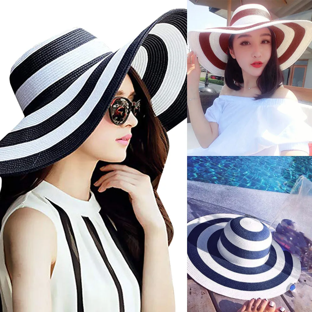 قبعة للشاطئ واسعة حافة كبيرة Bowknot الشتاء كاب للأطفال القش قبعة شريط مرن طوي نشمر شاطئ كاب قبعة الشمس W424