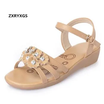

2019 Open Toe Flowers Fashion Sandals Flat Shoes Woman Summer Sandals Plus Size Comfortable Soft Genuine Leather Shoes Sandals