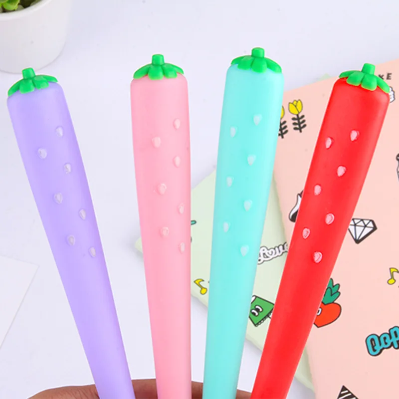 

1Pcs Cute Stationary Pen Cartoon Strawberry Silicone Gel Pen 0.5mm Black Ink Signing Pen Kawaii School Supplies Office Supplies