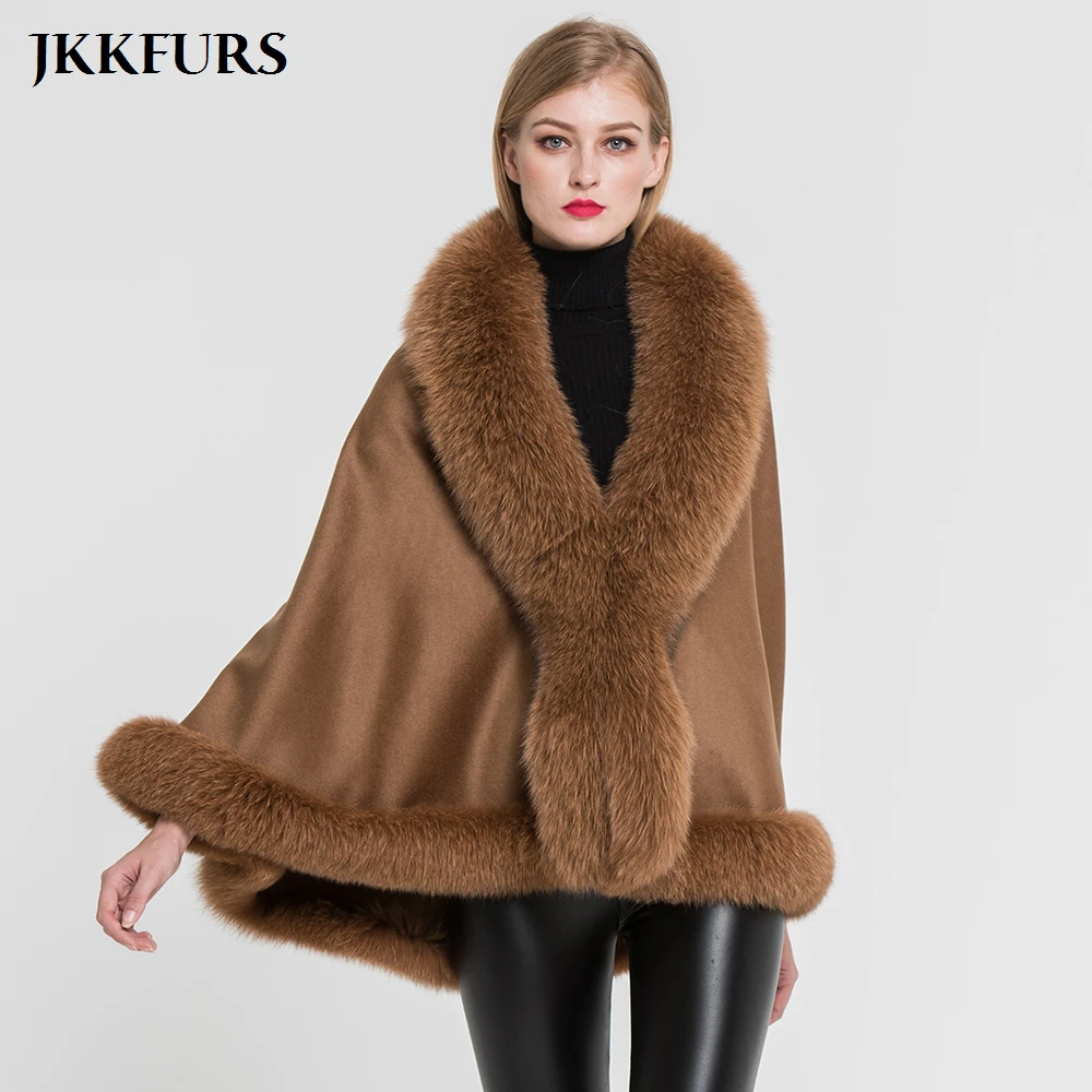 

JKKFURS Women's Poncho Genuine Fox Fur Collar Trim & Cashmere Cape Wool Fashion Style Autumn Winter Warm Coat S7358