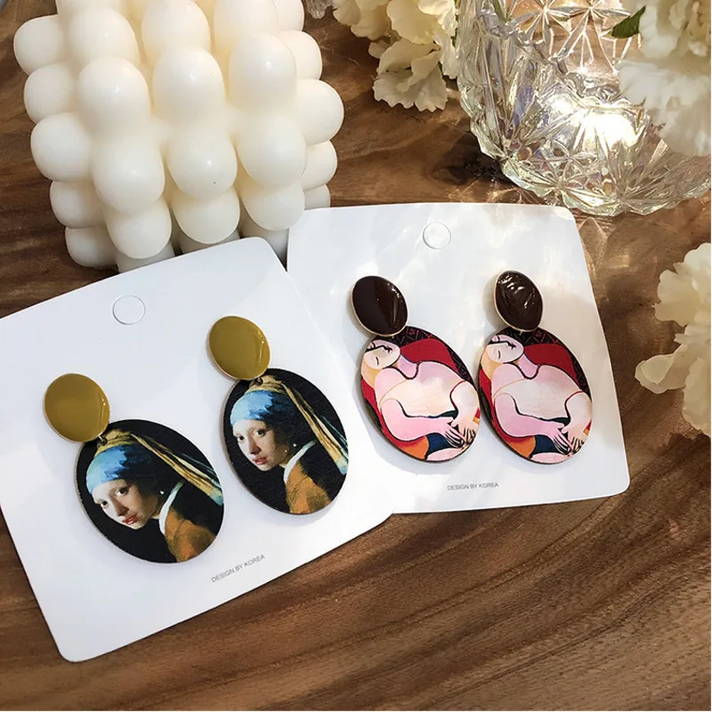 

Korean Earrings Exaggerated Retro Wooden Earrings Color Abstract Painting Fashion Female Ear Rings 2019 925 Sterling Silver