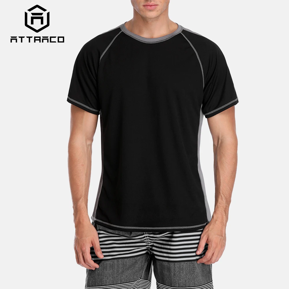 

Attrac Men Rashguard Dry-Fit Short Shirt Surfing Suit Men Diving Shirt UV-Protection Rash Guard Top UPF 50+ Patchwork Beach Wear