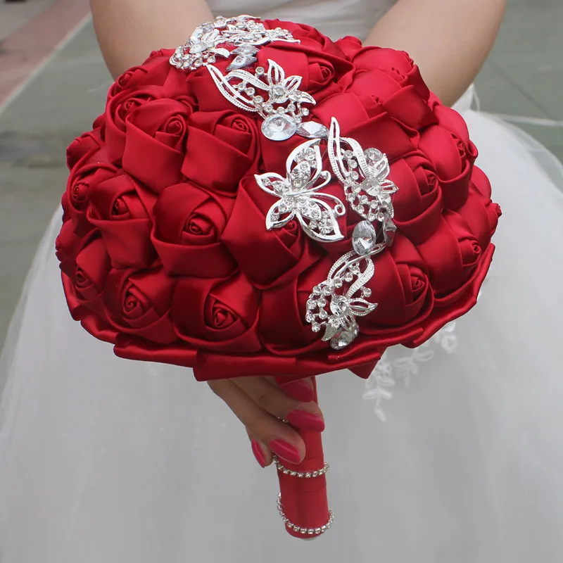 Красное вино Свадебный букет невесты горный хрусталь жемчужное украшение невесты Свадебный букет ручной работы Индивидуальные ленты с
