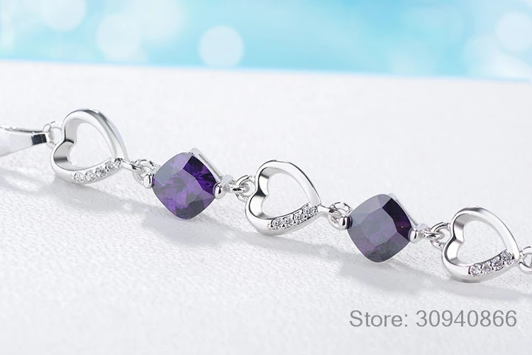 Горячая Мода 925 пробы Серебряный браслет для женщин сердце фиолетовый циркониевый браслет pulseira feminina
