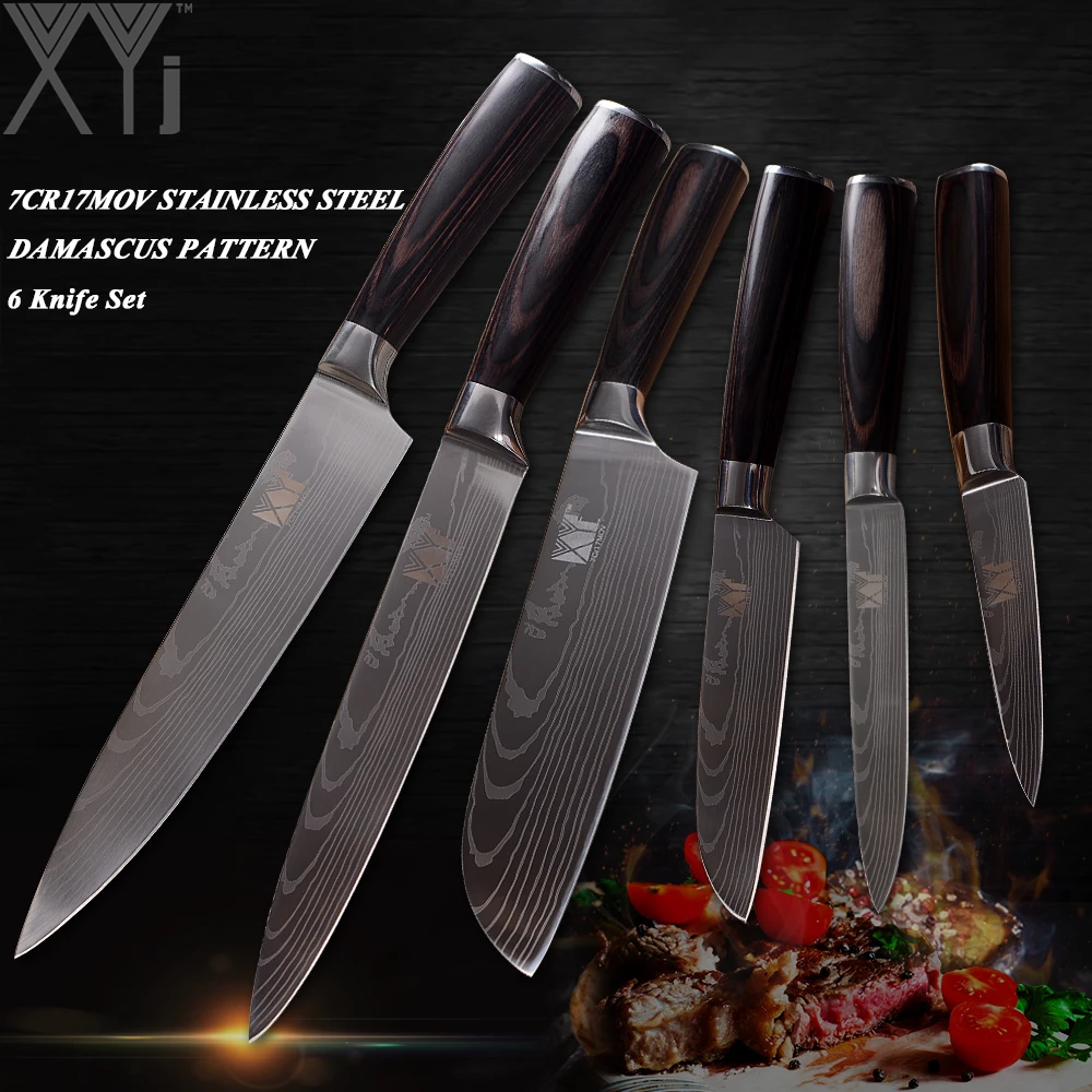XYj набор кухонных ножей из нержавеющей стали 3,5, 5, 5, 7, 8, 8 дюймов Многофункциональный кухонный нож с высокоуглеродистой ручкой Pakka