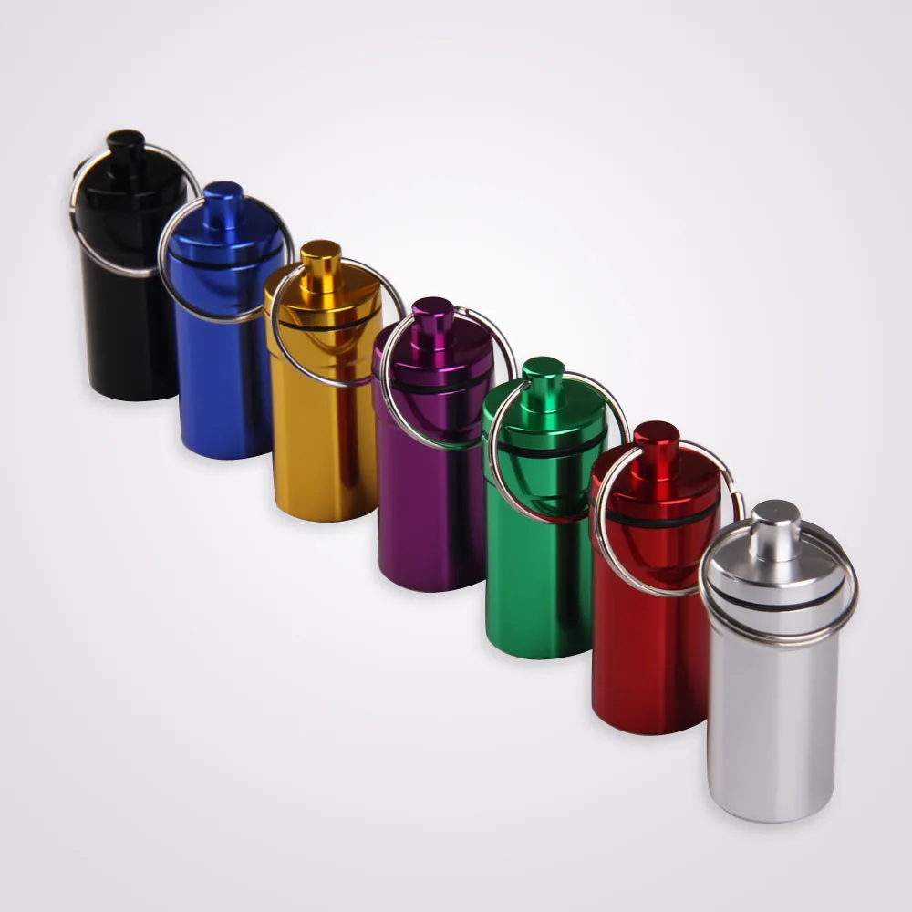 Portable Aluminum Alloy Waterproof Pill Medicine Storage Case keychain tool pill box tactical first aid accessories Holder Container Capsule First Aid Key Ring Keychain Outdoor Tool