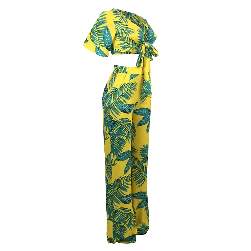 Сексуальный комплект из двух предметов с цветочным принтом, Женский облегающий топ с глубоким v-образным вырезом и широкими штанинами, летние женские комплекты, пляжная одежда в стиле бохо