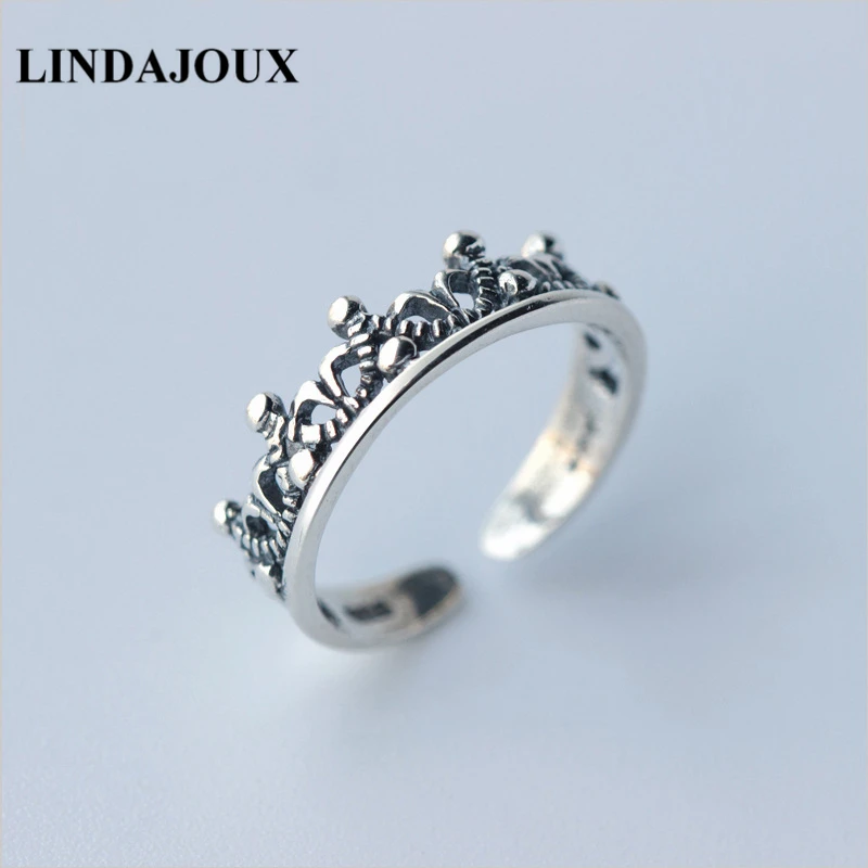 

LINDAJOUX Vintage Crown Charm 925 Sterling Silver Open Ring For Women S925 Wedding Engagement Rings
