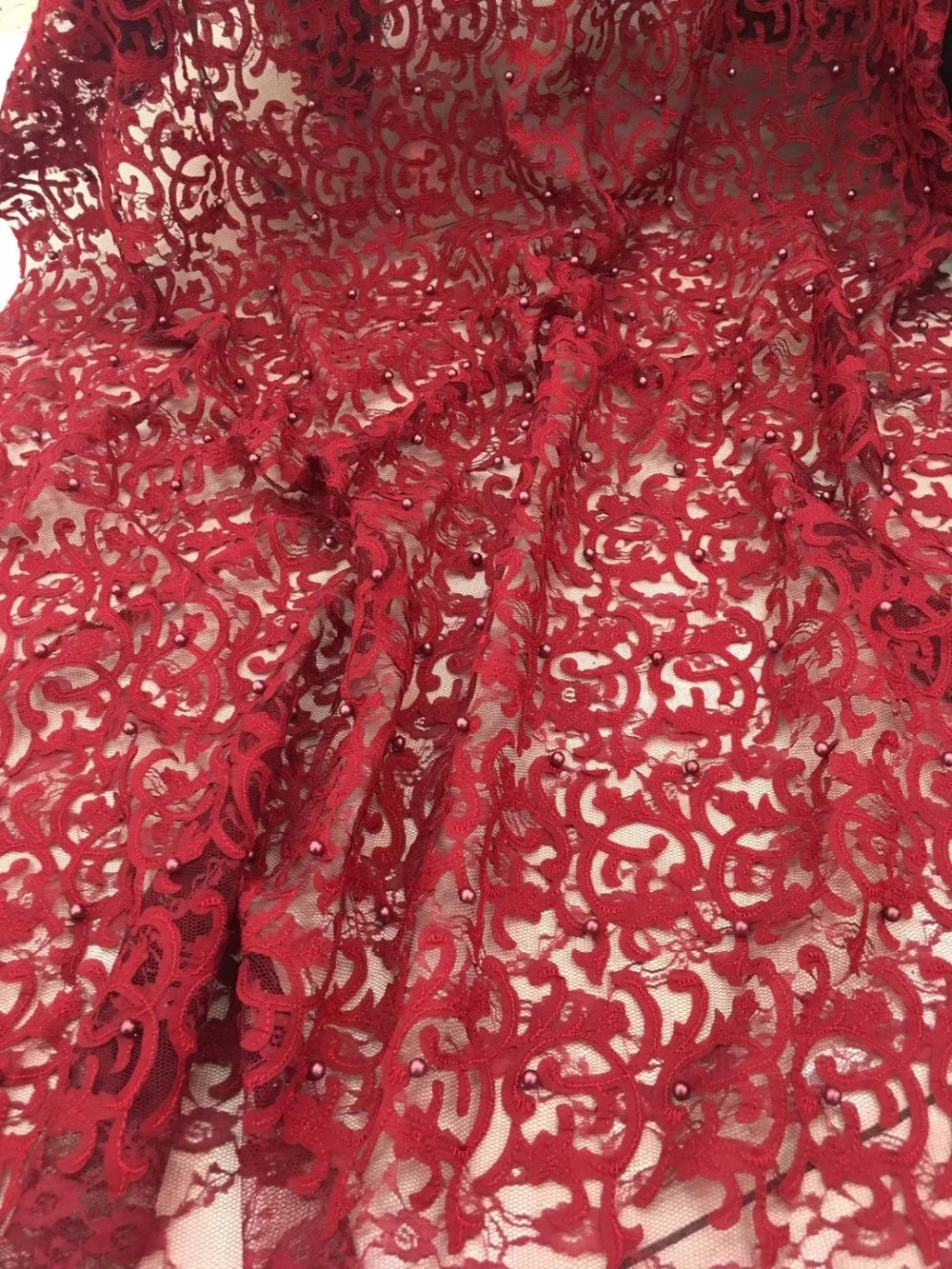

2018 Wine red Color Beaded Lace High Quality African Tulle Lace Fabric New Arrival Nigerian Lace Fabrics For Wedding