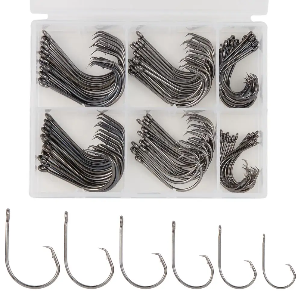 

Bassdash 90 pcs Octopus Inline Point (Not Offset) Straight Eye Circle Hooks, in Assorted Sizes with Quality Tackle Box