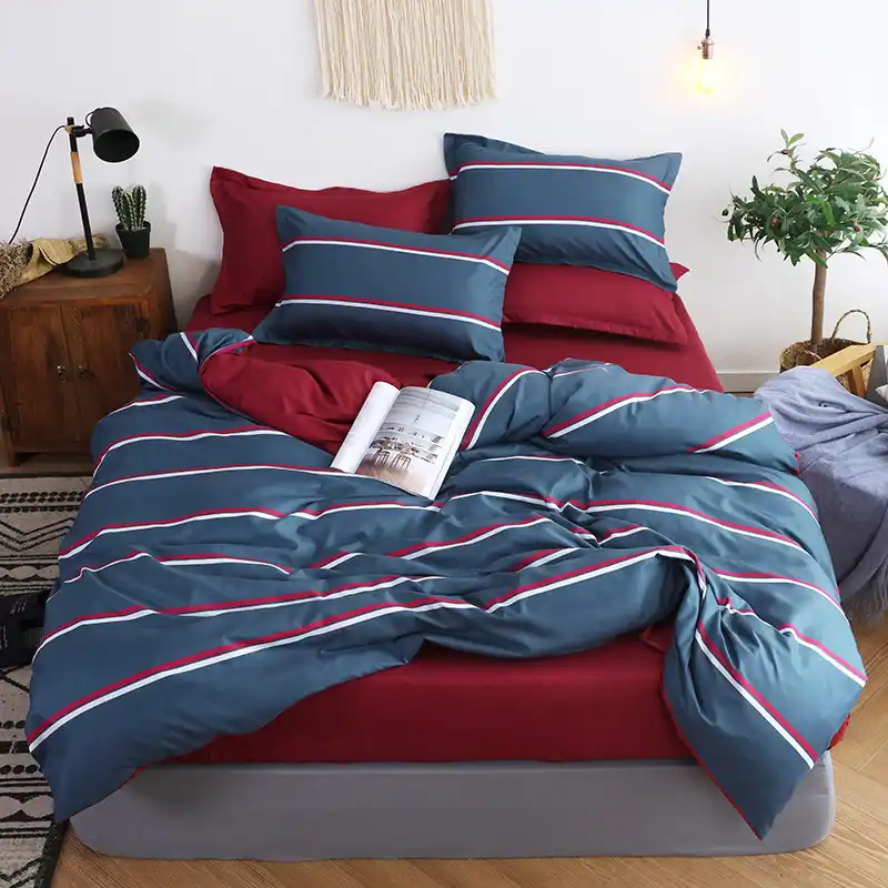 Luxury Blue Red Stripe Bedding Sets 3 4pcs Geometric Pattern Bed