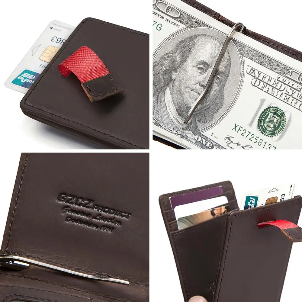Baratos Clips de dinero de cuero genuino para hombre de alta calidad, cartera RFID para hombre, Mini cartera para hombre, pinza para dinero, grabado gratis