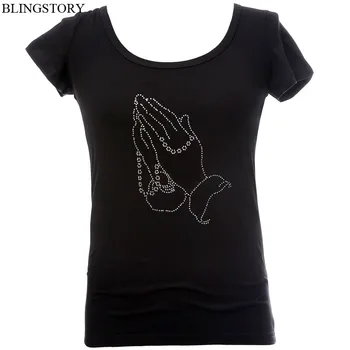 

BLINGSTORY Cotton Hot Drilling Diamond Plus Size Summer T-shirt Women Clothing Short Sleeve O-Neck Tops Beading Tee 6XL