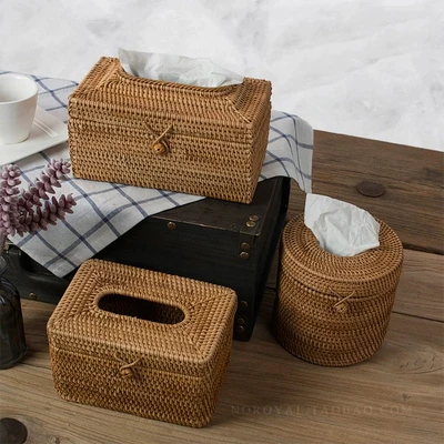 

High-grade Rattan Tissue Box Living Room Tray Luxury Coffee Table Retro Paper Storage Box Ornaments