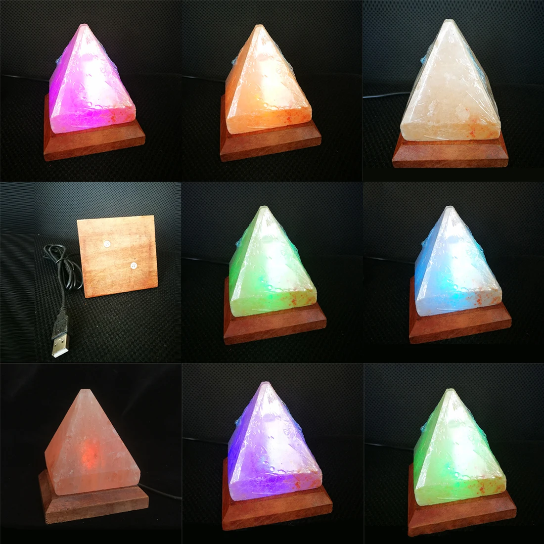 

USB Interface Wooden Base Himalayan Colorful Crystal Rock Lamp Light Triangle Salt Lamp Hand Carved Purifier Night Light